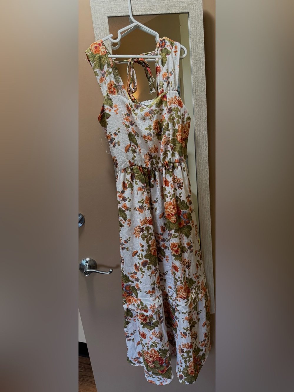 ✨White Floral Midi Dress with Orange and Olive Blooms